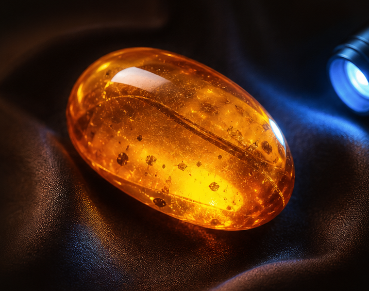 Cabochon d'ambre véritable éclairé par une lampe UV bleue